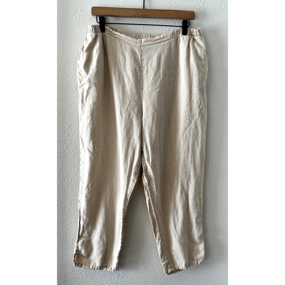 Flax Linen Pants Womens Large Taupe Wide Leg Elastic Waist Pull On Lagenlook